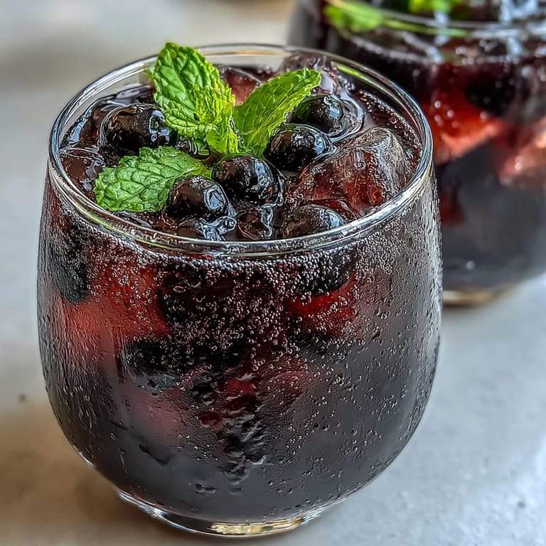 Creamy Black Currant It Berry Celebration Drink smoothie topped with sliced banana and a drizzle of agave.