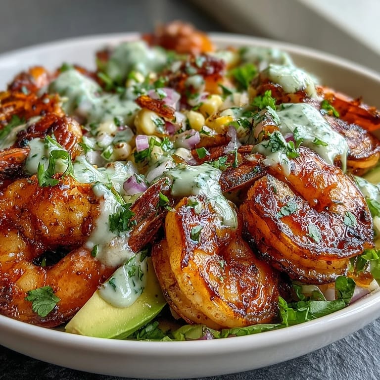 Vibrant Grilled Shrimp Bowl with Avocado, Corn Salsa & Creamy Garlic Sauce on a wooden table. Grilled shrimp rests on a bed of fluffy rice, topped with juicy corn salsa, avocado, and a drizzle of garlic sauce.