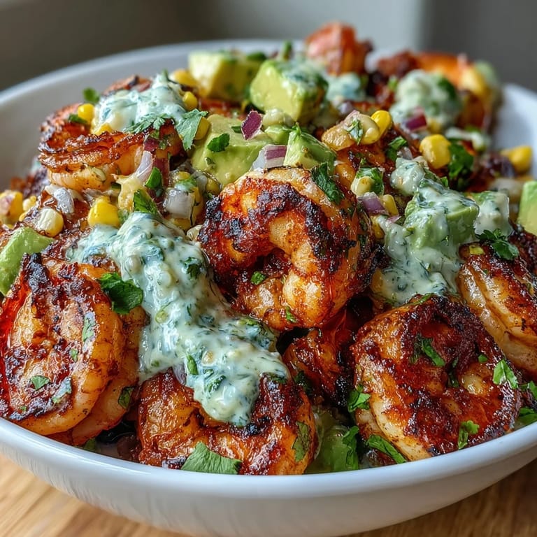 Overhead view of a Grilled Shrimp Bowl with Avocado, Corn Salsa & Creamy Garlic Sauce. Colorful ingredients like red onion, cilantro, and avocado create a fresh, appetizing meal ideal for a quick weeknight dinner.