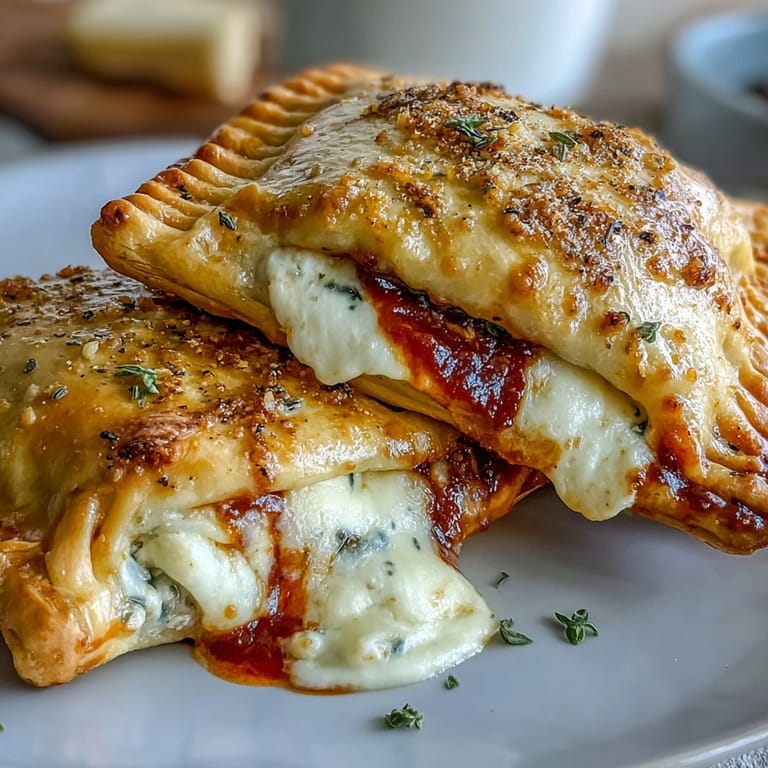 Two golden High Protein Pizza Hot Pockets stacked on a white plate, garnished with a sprinkle of Italian seasoning, ready for a high-protein lunch or healthy meal prep snack.