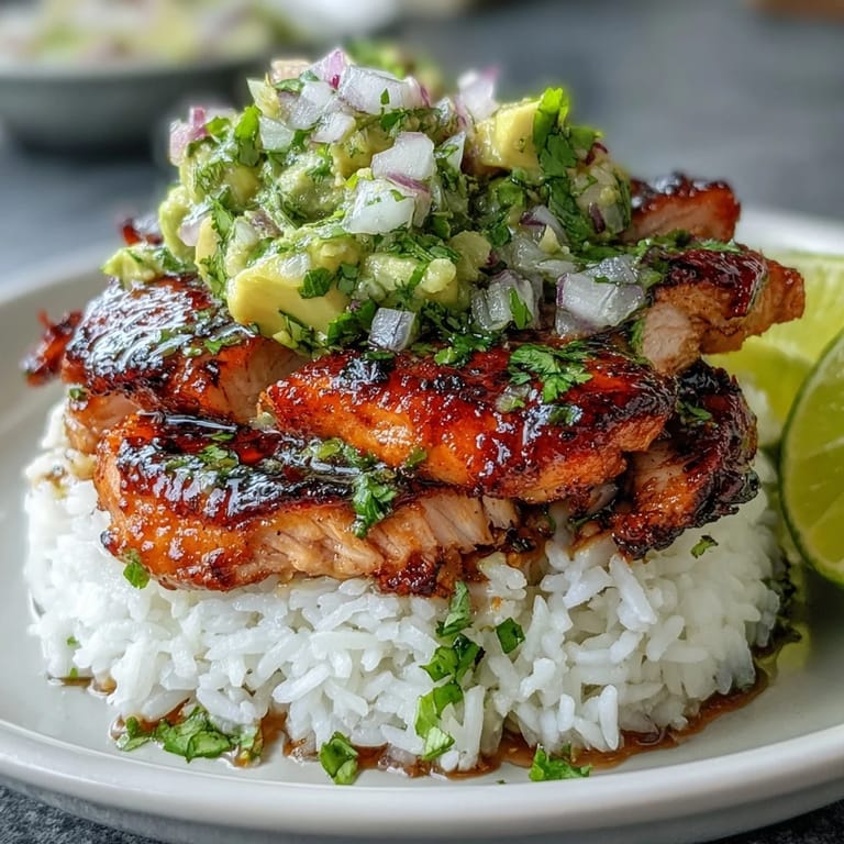 A close-up of the Tangy Honey Lime Chicken & Avocado Rice Stack showing juicy grilled slices and bright green avocado.
