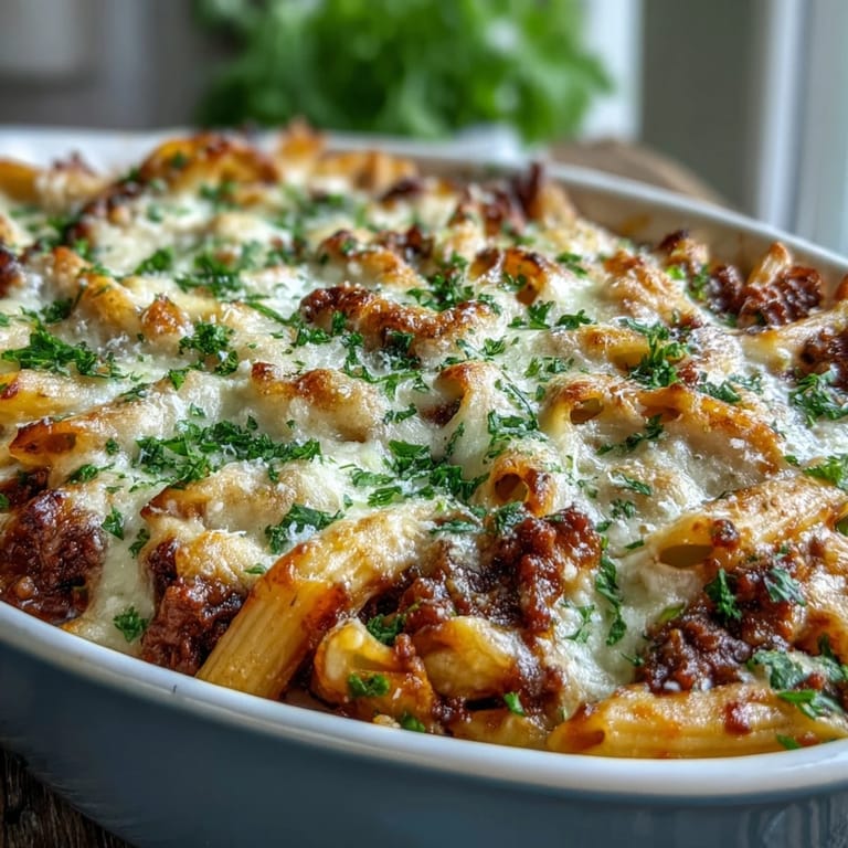Close-up of Cottage Cheese Protein Pasta Bake with Ground Beef on a plate, golden mozzarella and Parmesan topping, rustic wooden table, ideal weeknight high protein meal.