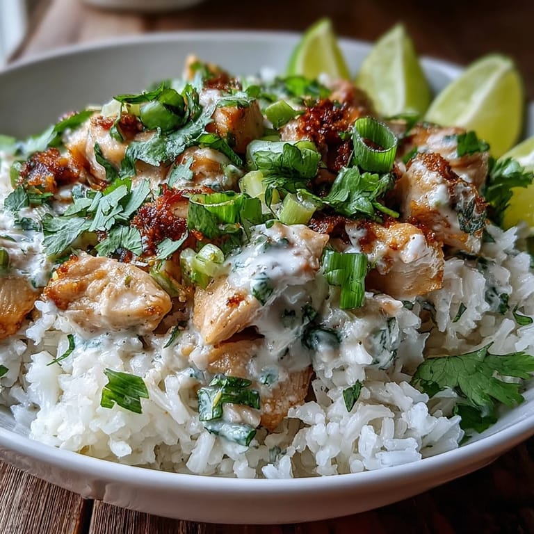Tender diced chicken breast in coconut milk sauce served over aromatic jasmine rice.