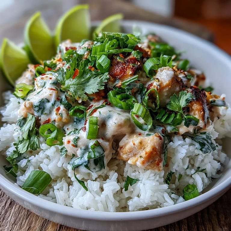 Homemade coconut chicken rice bowl topped with cilantro and ready to enjoy for dinner.