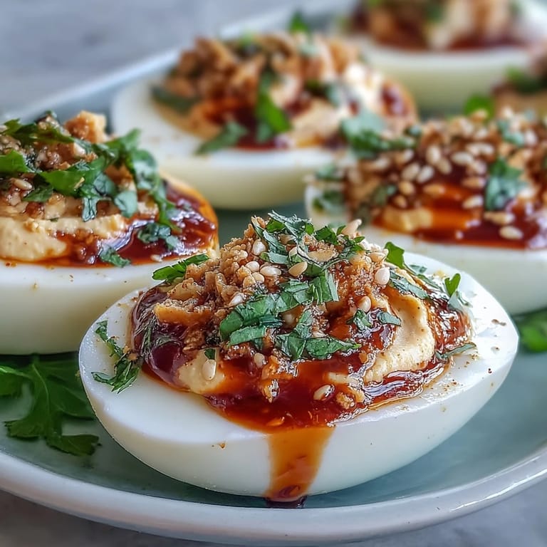 Six spicy deviled egg halves garnished with scallions, served as a zesty appetizer for a party spread.