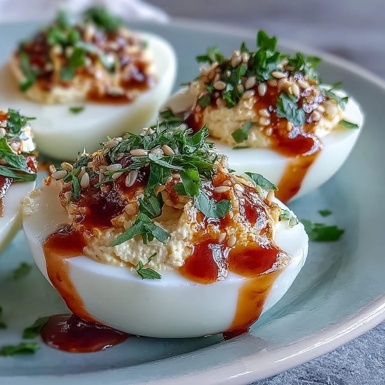 Close-up of Spicy Chili Garlic Deviled Eggs with a creamy yolk filling and a crunchy, aromatic chili garlic topping.