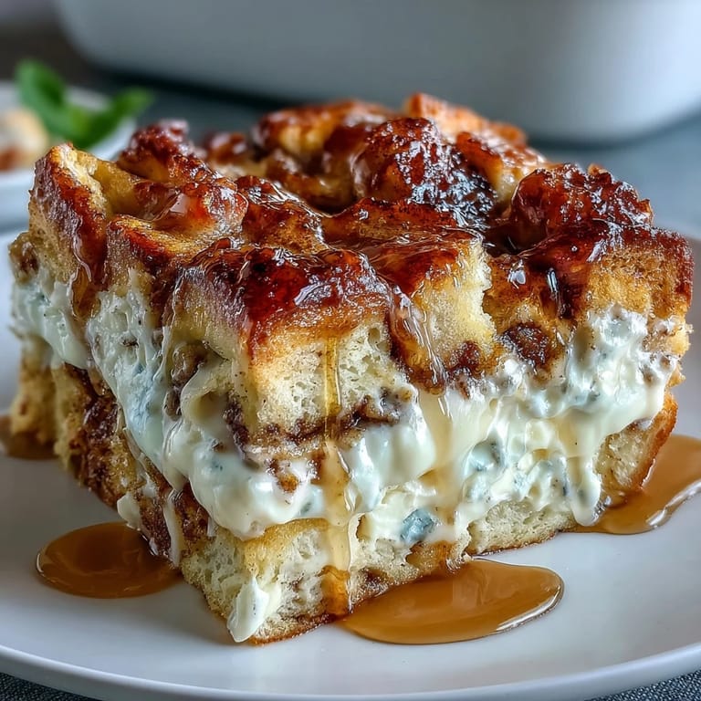 Thick brioche cubes soaked in banana custard and topped with Cream Cheese Swirl Cinnamon Roll French Toast Bake.