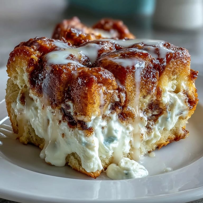A spatula lifts a warm slice of Cream Cheese Swirl Cinnamon Roll French Toast Bake revealing creamy swirls.