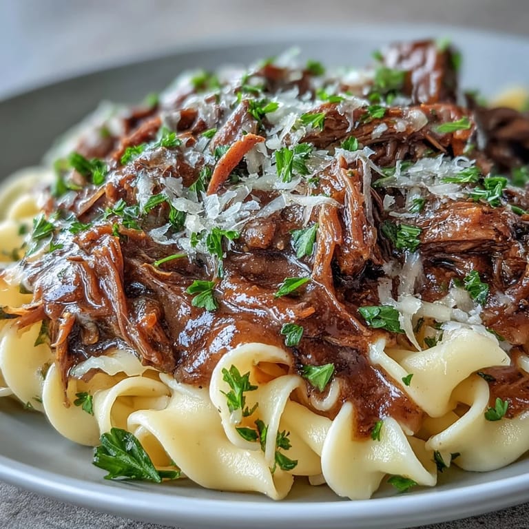 Crockpot French Onion Pot Roast Pasta topped with melted Gruyère and fresh parsley, garnished for a cozy meal.