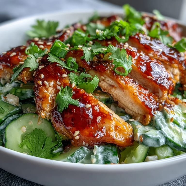 Overhead view of TikTok Chili-Crisp Cucumber Chicken Bowls served with jasmine rice, cilantro garnish, and lime wedges.