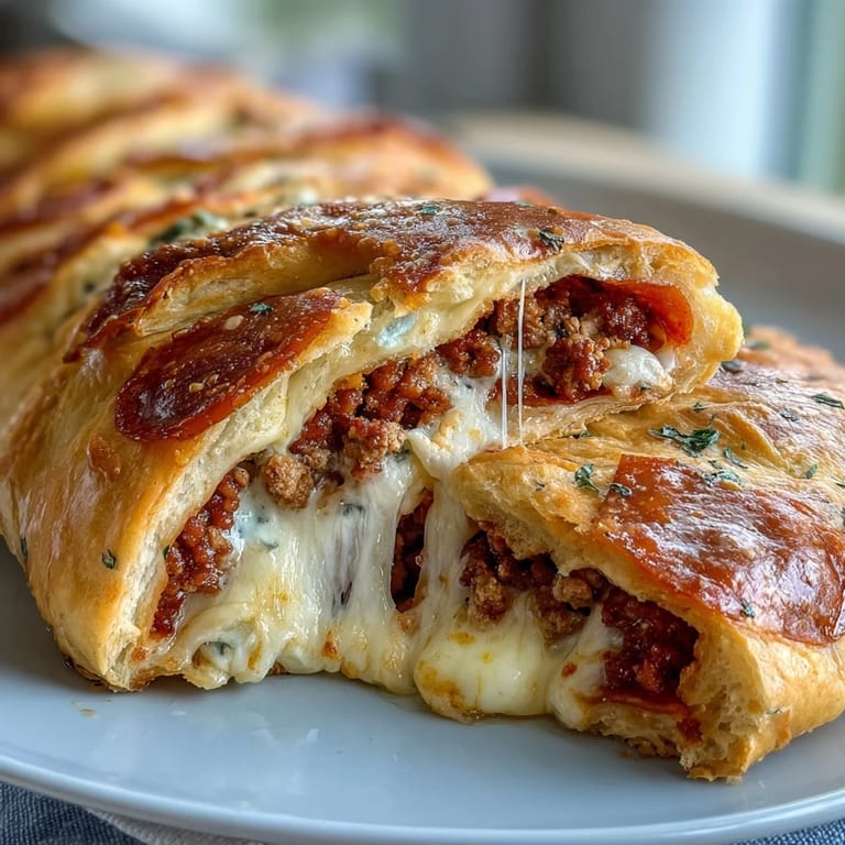 Rustic wooden board holding a slice of Baked High-Protein Pepperoni Stromboli with steam rising from the filling.