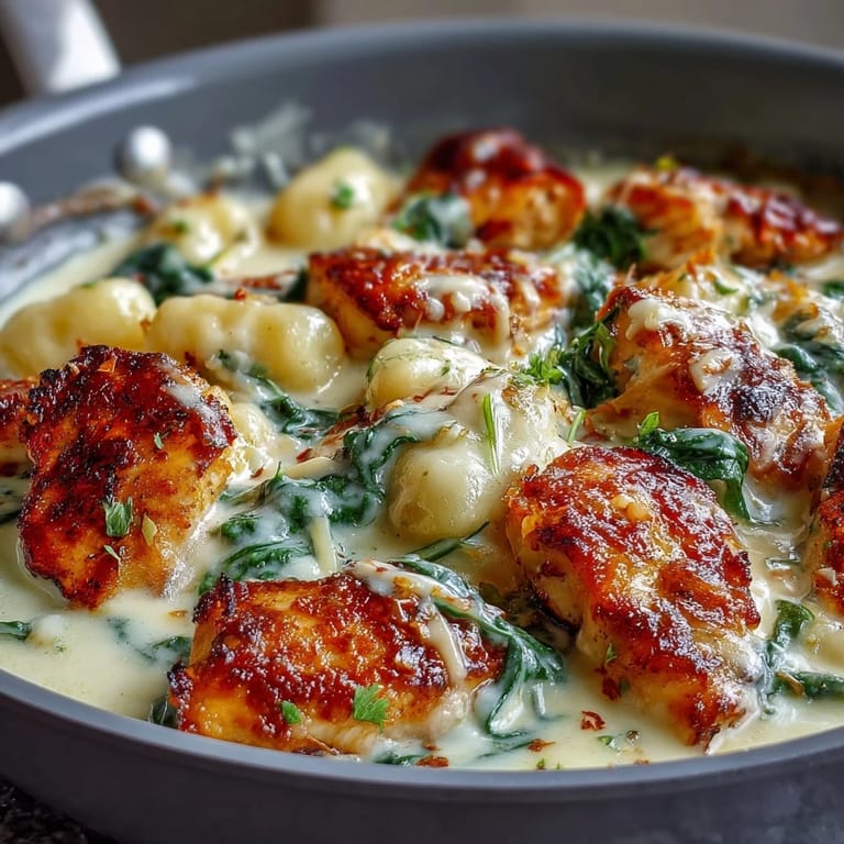A steamy skillet of One-Pan Creamy Garlic Chicken Gnocchi topped with melted Parmesan.