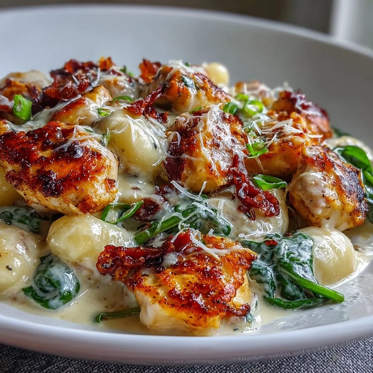 Tender chicken, spinach, and gnocchi in a creamy garlic sauce ready to serve.