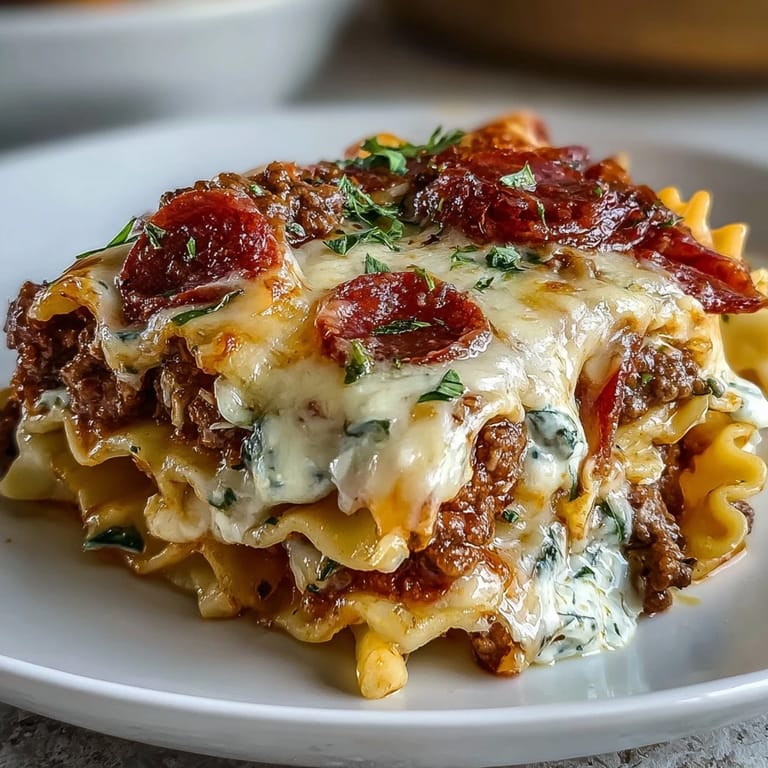 Golden-brown High-Protein Pizza Pasta Bake casserole featuring penne pasta, lean beef, and rich red tomato sauce.