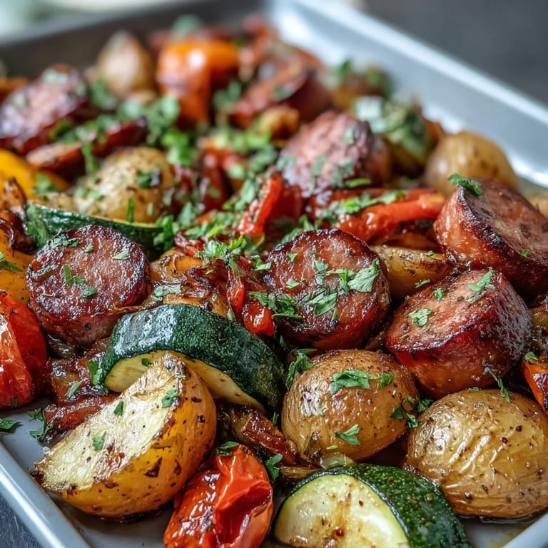 A close-up look at Smoky Sheet Pan Sausage & Veggies with Naan, highlighting caramelized onions and tender potatoes ready for dinner.