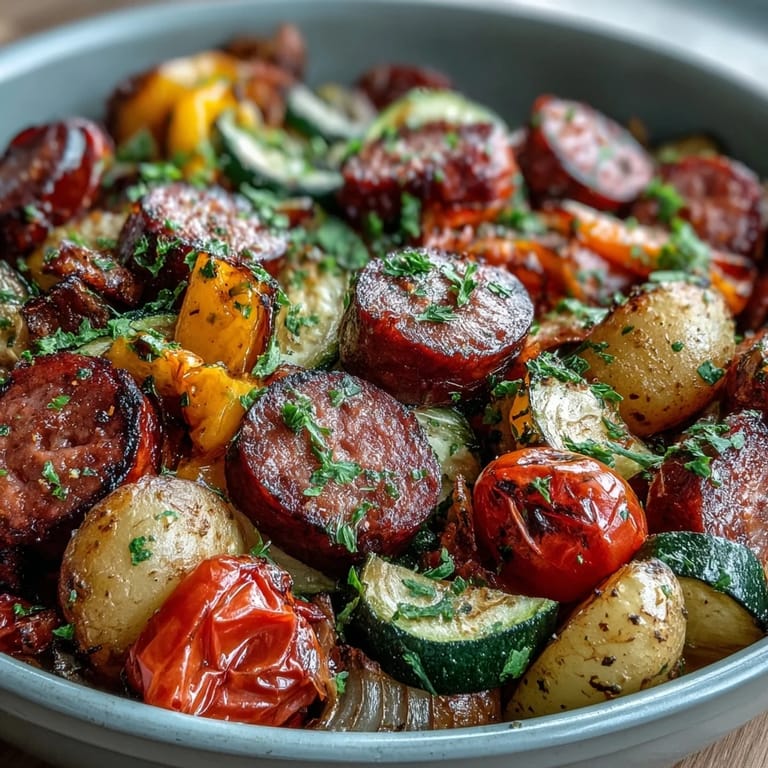 Colorful bell peppers, zucchini, and sausage roast on a sheet pan for Smoky Sheet Pan Sausage & Veggies with Naan.