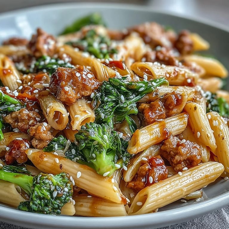 Served Sweet & Spicy Turkey Broccoli Pasta on a marble table next to chopsticks, highlighting the vibrant red bell peppers.