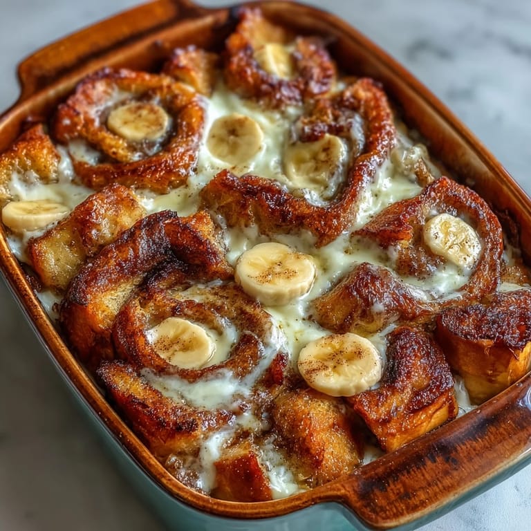 This baked Cream Cheese Swirl Cinnamon Roll French Toast casserole features tender banana bread-soaked cubes and a creamy swirl.