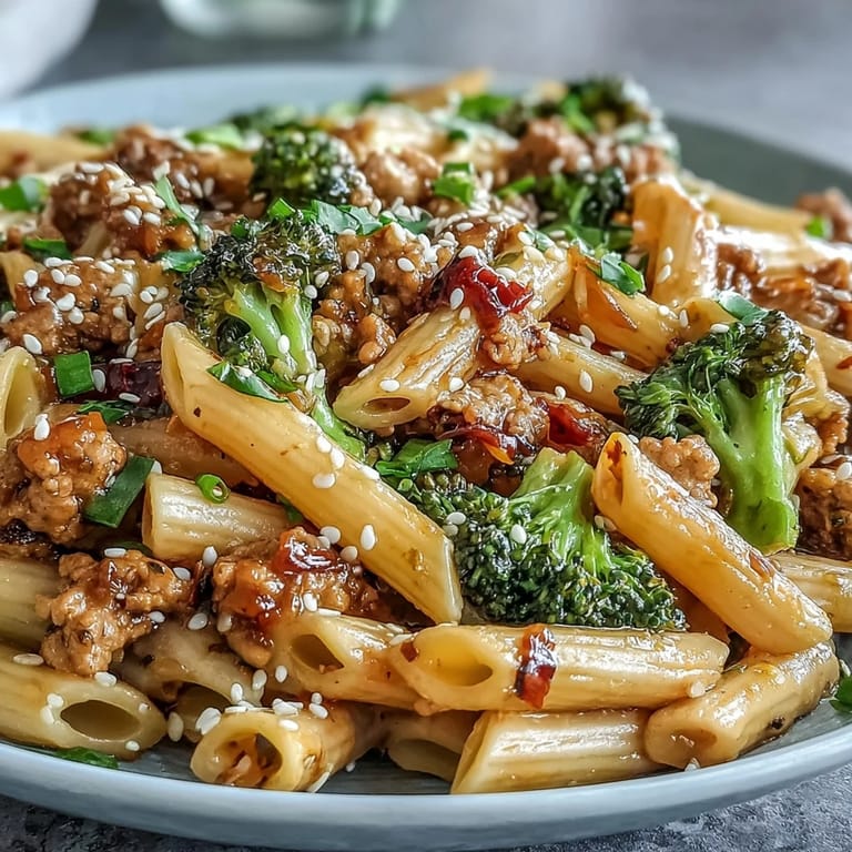 A plated serving of Sweet & Spicy Turkey Broccoli Pasta, garnished with green onions and sesame seeds, ready to enjoy.