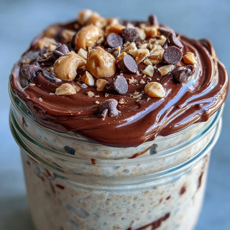 A spoon dives into layered Peanut Butter Cup Overnight Oats, revealing a rich cocoa ganache center and creamy peanut butter oats for a healthy, high-protein start.