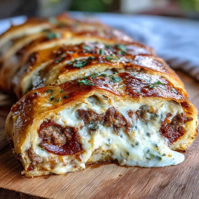 Freshly baked Baked High-Protein Pepperoni Stromboli served warm on a wooden board with a small bowl of marinara sauce.