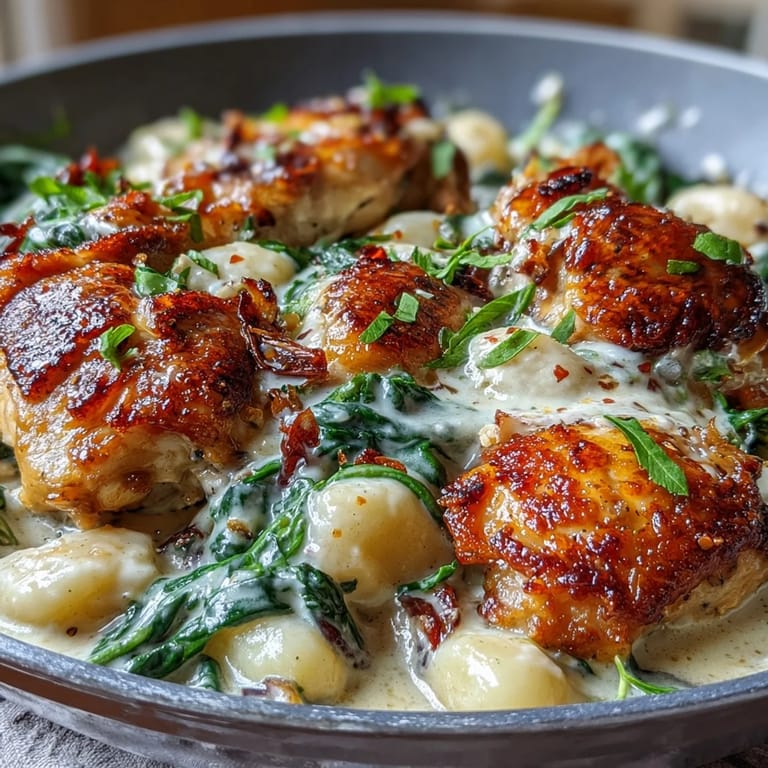Easy skillet dinner with golden chicken and creamy gnocchi, perfect for weeknights.