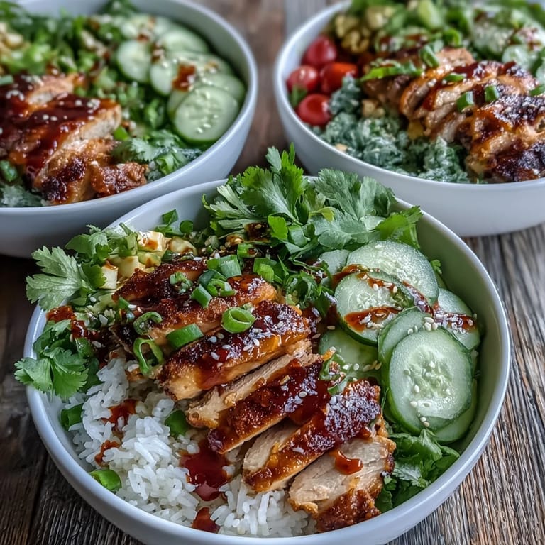 Sliced seared chicken atop chilled cucumbers with Greek yogurt dressing, served over jasmine rice with spicy chili crisp.