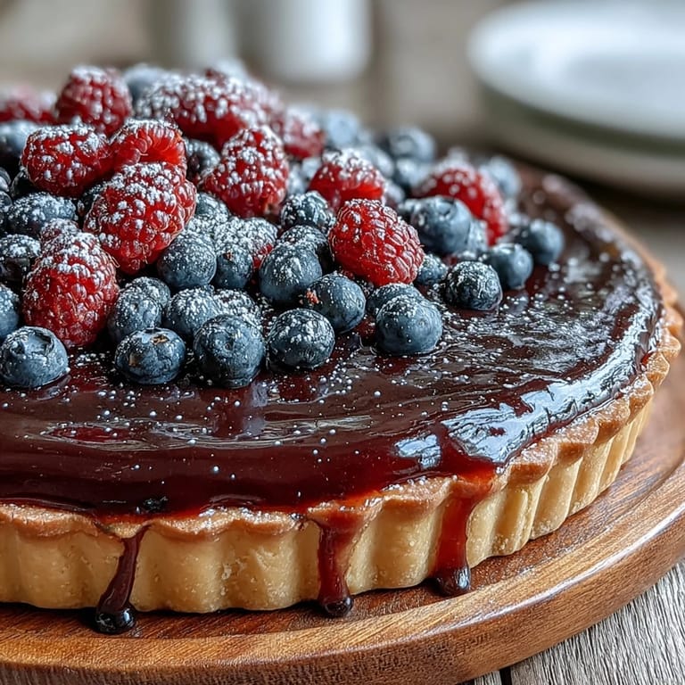 Elegant French dessert tart filled with rich black currant curd and topped with fresh berries.  