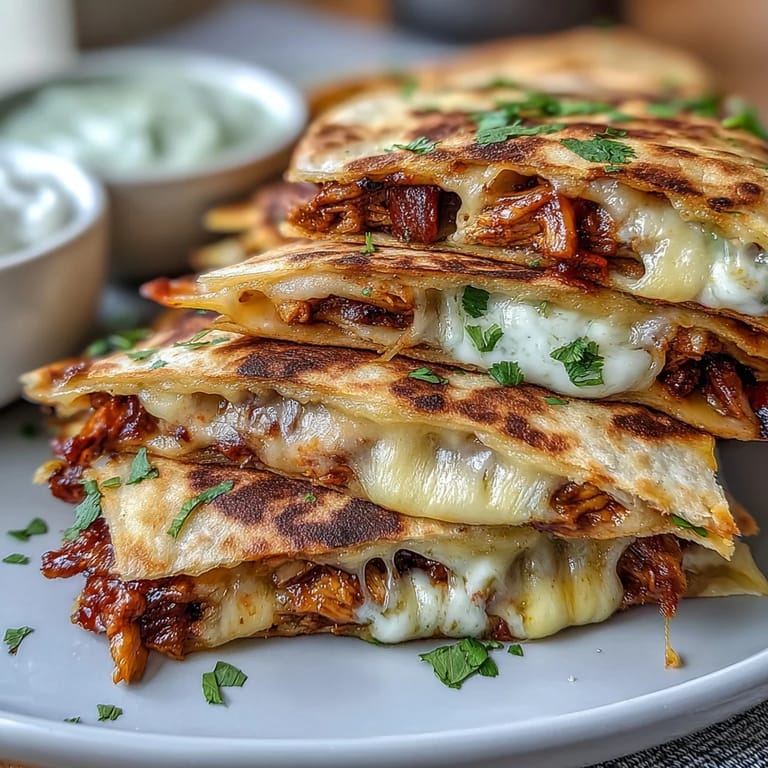 Several wedges of Hot Honey BBQ Chicken Quesadillas arranged on a wooden serving board with cilantro.