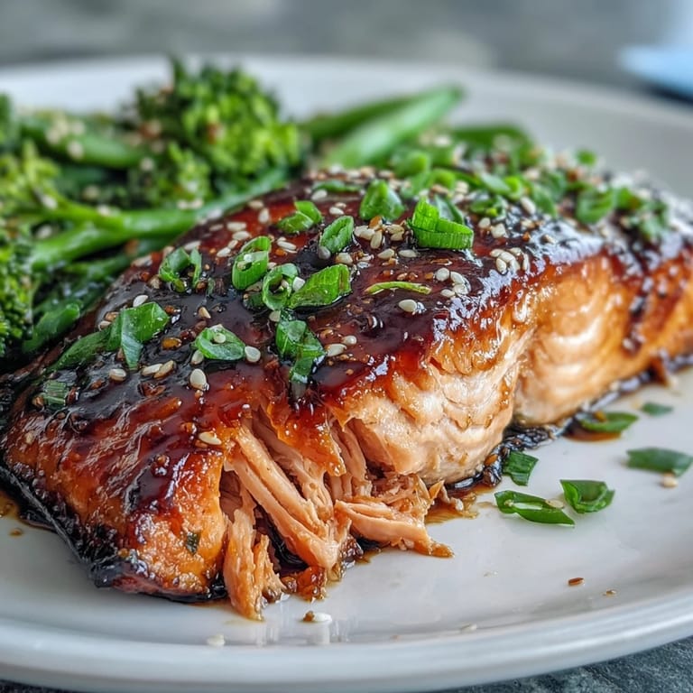 A close-up of a perfectly glazed teriyaki salmon fillet with toasted sesame seeds and sliced green onions.