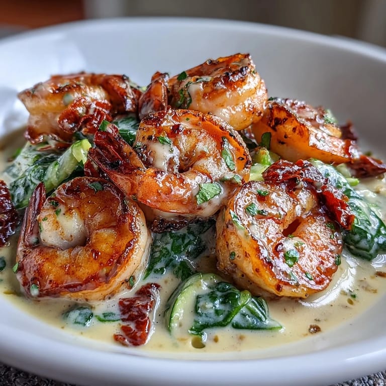 Succulent shrimp in a velvety garlic cream sauce with sun-dried tomatoes and wilted spinach, served over fresh zucchini noodles for a healthy Italian-inspired dinner.