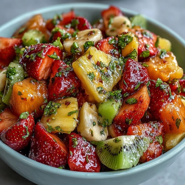Refreshing tropical fruit salad with ripe banana, mango, and pineapple drizzled with tangy mint lime dressing.