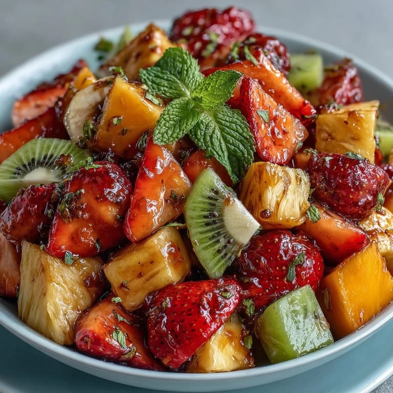 Colorful bowl of fresh tropical fruit salad featuring strawberries, kiwi, and watermelon with zesty mint lime dressing.  