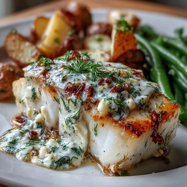 A wholesome seafood dinner of baked cod fillets in garlic herb butter, served with vibrant green beans and roasted baby potatoes for a complete, nourishing meal.