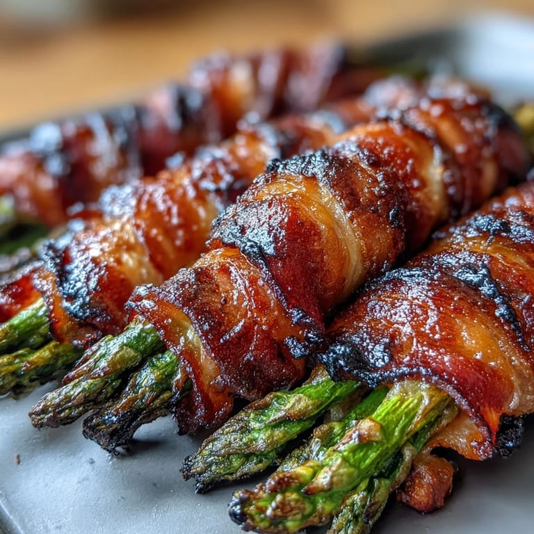 Smoky bacon-wrapped asparagus spears sprinkled with Parmesan cheese, oven-roasted for a savory, low-carb side dish.