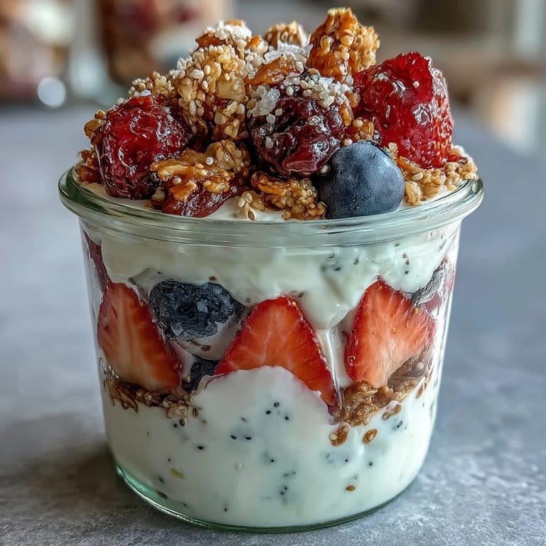 Creamy Greek yogurt and mixed berries create a vibrant, protein-packed parfait topped with a golden granola crumble in just 10 minutes.