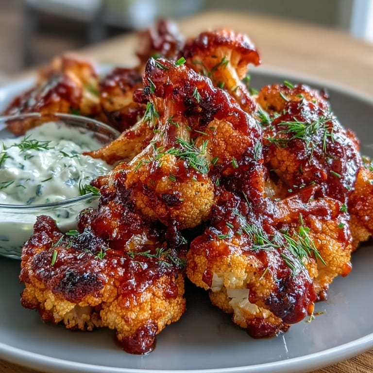 Spicy roasted cauliflower bites drizzled in buffalo sauce, served alongside creamy ranch yogurt dip.