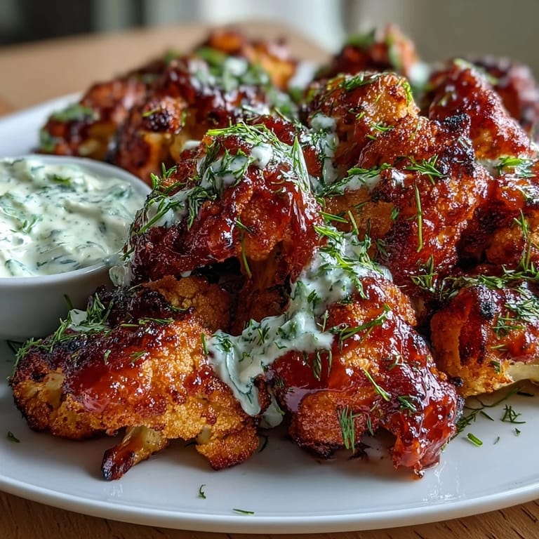 Golden-brown cauliflower florets coated in zesty buffalo sauce, paired with cool, herby ranch yogurt dip.