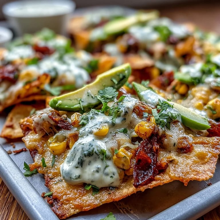 A colorful sheet pan of oven-baked nachos featuring golden tortilla chips, smoky roasted vegetables, zesty salsa verde, and rich dairy-free cashew queso for a satisfying plant-based meal.