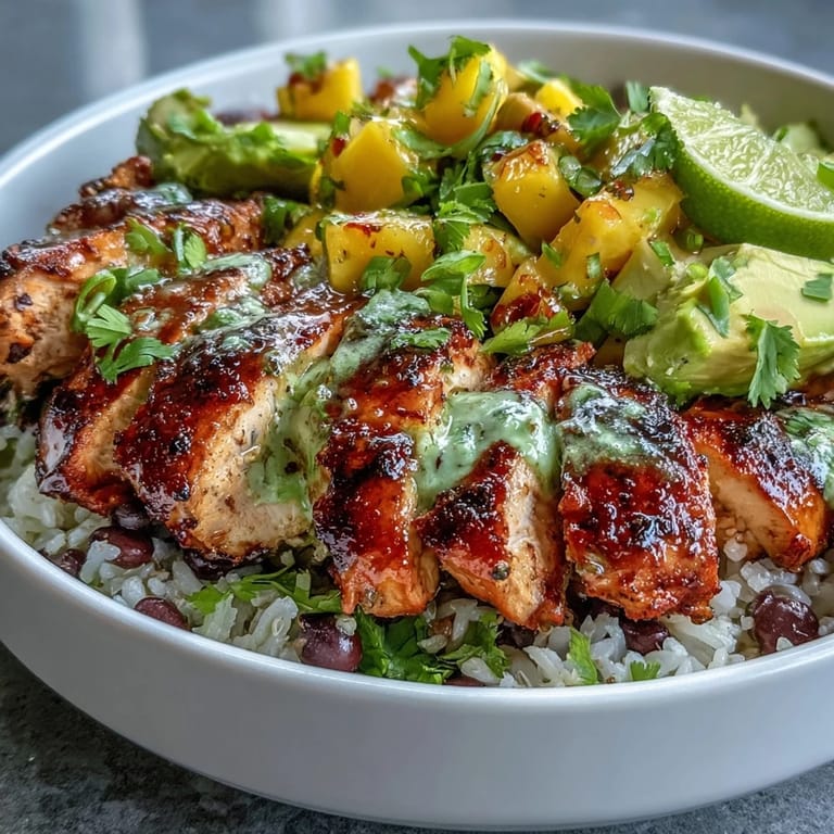 Wholesome chicken and black bean bowl with mango avocado salsa, served over fluffy brown rice for a nourishing meal.  