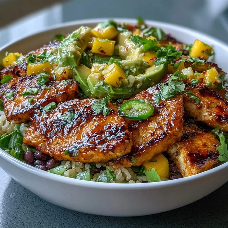 Colorful mango avocado salsa chicken bowl with grilled chicken, hearty black beans, and vibrant fresh herbs on brown rice.