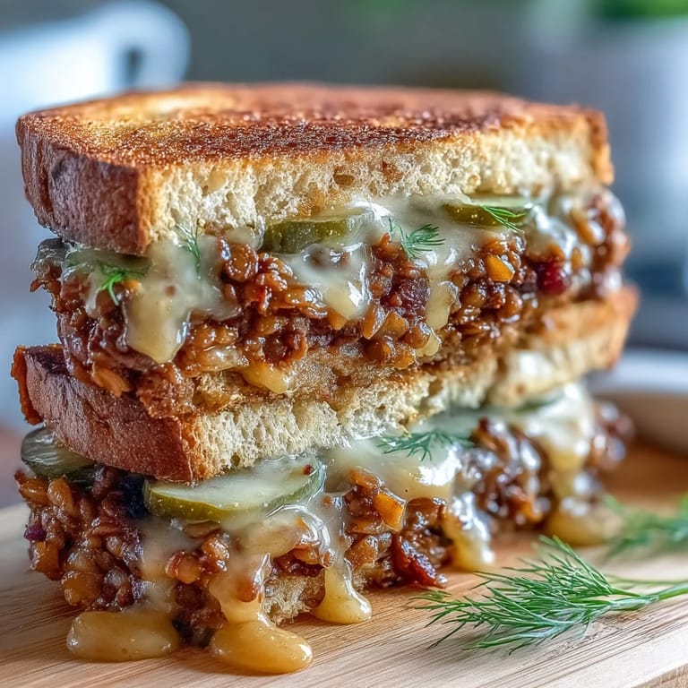 Hearty lentil sloppy joe mix with smoky spices and tangy tomato sauce spooned over crisp sourdough and topped with creamy vegan cheese.  