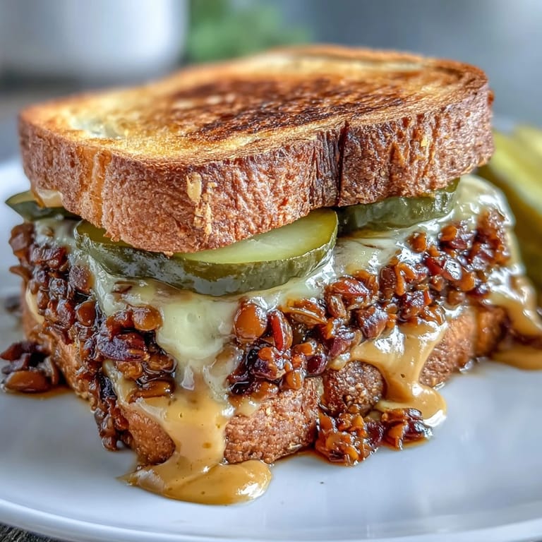 Savory lentil sloppy joes piled high on toasted sourdough, drizzled with rich vegan cheese sauce and garnished with pickles and red onion.