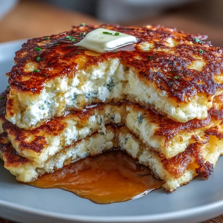 Golden-brown flourless pancakes made with cottage cheese, served with a side of creamy Greek yogurt and sliced bananas.  
