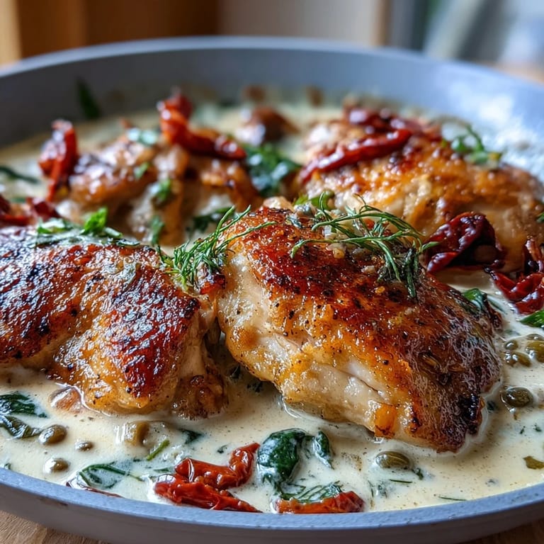 Tender chicken thighs simmered in rich pepperoncini cream sauce with fresh garlic.