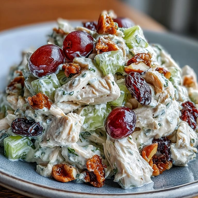 Protein-packed vegan chicken salad with chickpeas, slivered almonds, and juicy grapes, perfect for sandwiches or picnics.  