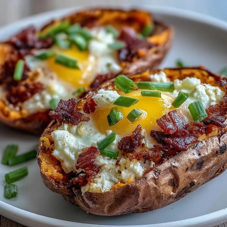 Golden baked sweet potatoes filled with crispy bacon, melty cheese, and perfectly cooked eggs, garnished with minced scallions for extra flavor.