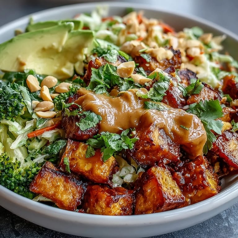 Colorful Buddha bowl featuring roasted sweet potatoes, crunchy cabbage, avocado, and a rich Thai peanut sauce for a nourishing lunch.  