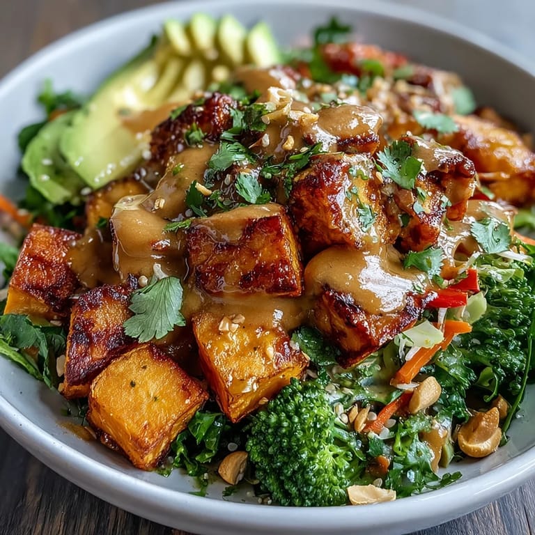 Healthy Thai peanut sweet potato Buddha bowl with roasted veggies, creamy peanut dressing, and crunchy peanuts for a satisfying vegan meal.