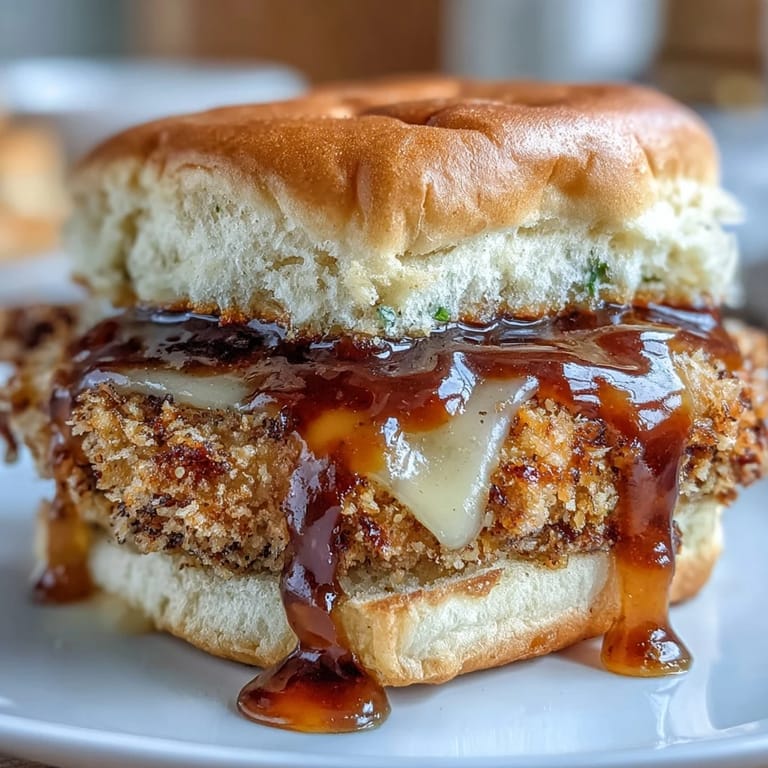 Golden-brown panko-crusted chicken breast sliders with tangy-sweet honey mustard spread on soft toasted buns. Ideal for family dinners or gatherings.